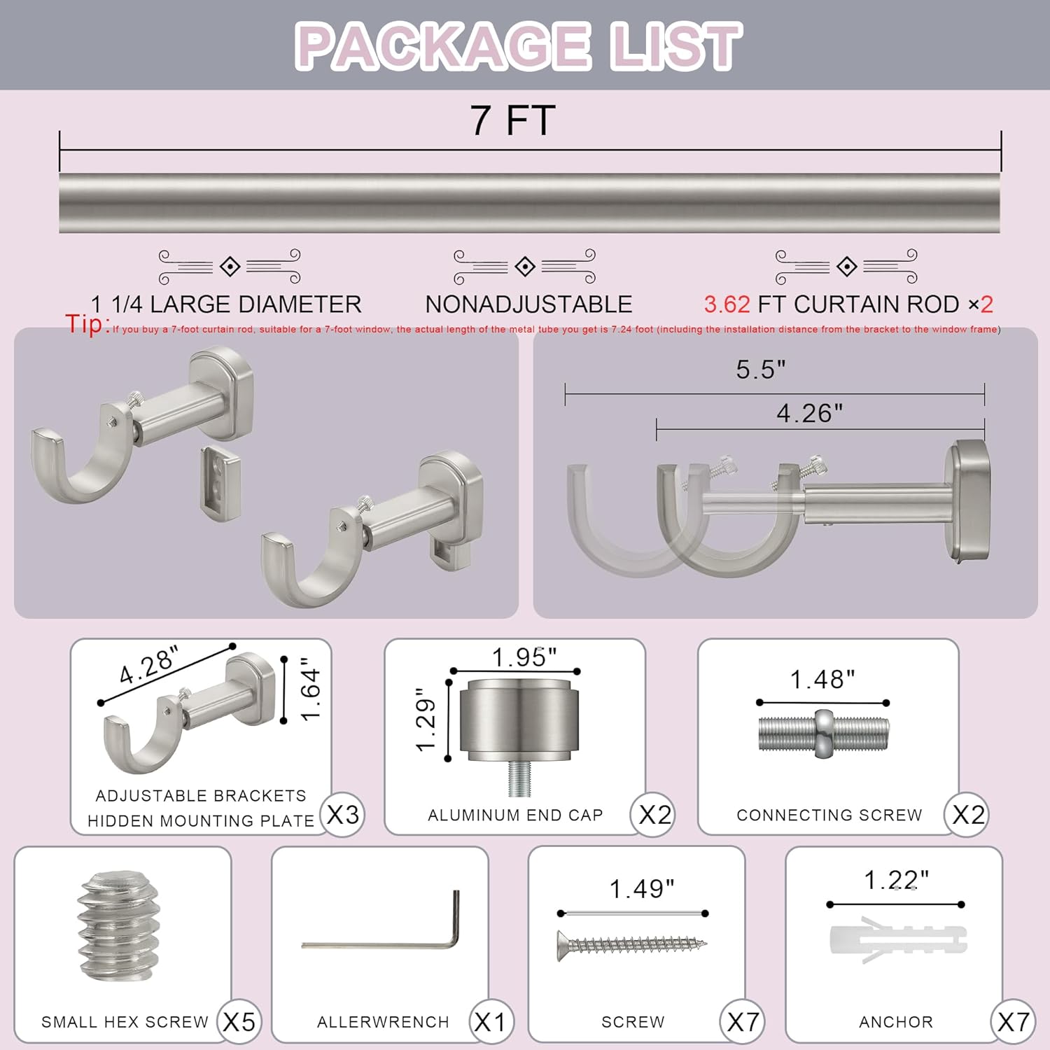 Heavy Duty Curtain Rods,1 1/4" Large Diameter Premium Nonadjustable Curtain Rod,84in/7ft Custom Window Treatment Rods with Durable Aluminum Brackets and End Caps,Brushed Nickel Finish