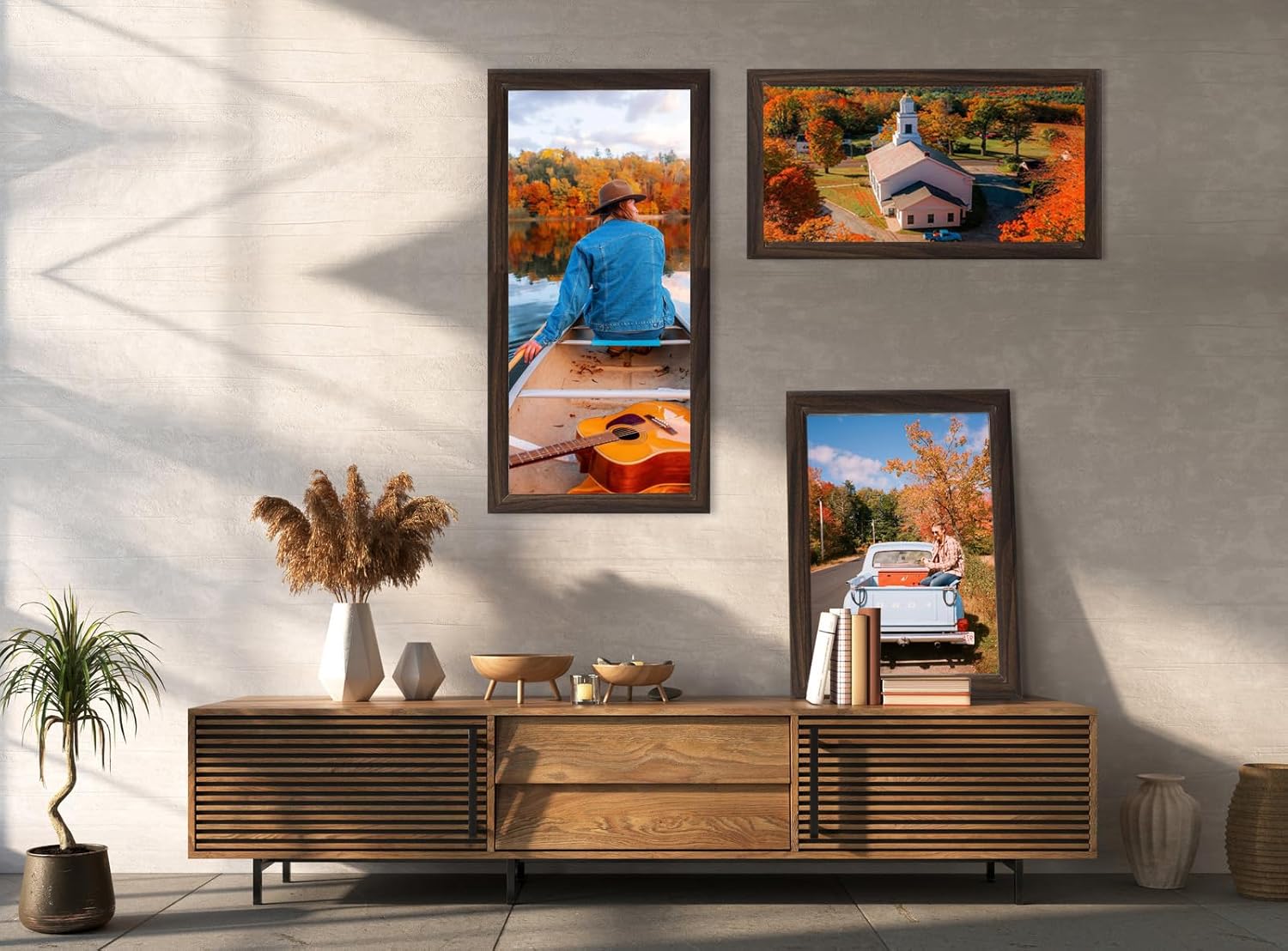 KTKDE 20x40 Picture Frame Set of 3, Poster Frame Wooden Walnut 40 by 20 in for Pictures and Art Prints, Exhibition, Caffe Large Frame for Photos, best gift