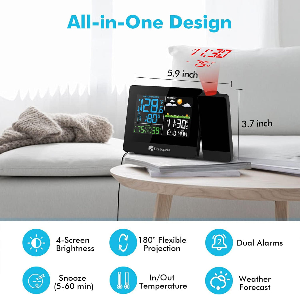 DR.PREPARE Projection Alarm Clock, Digital Clock Projector on Ceiling with Indoor/Outdoor Temperature Display, Dual Alarms, Colored Backlight, Weather Forecast, and Battery Backup for Bedroom