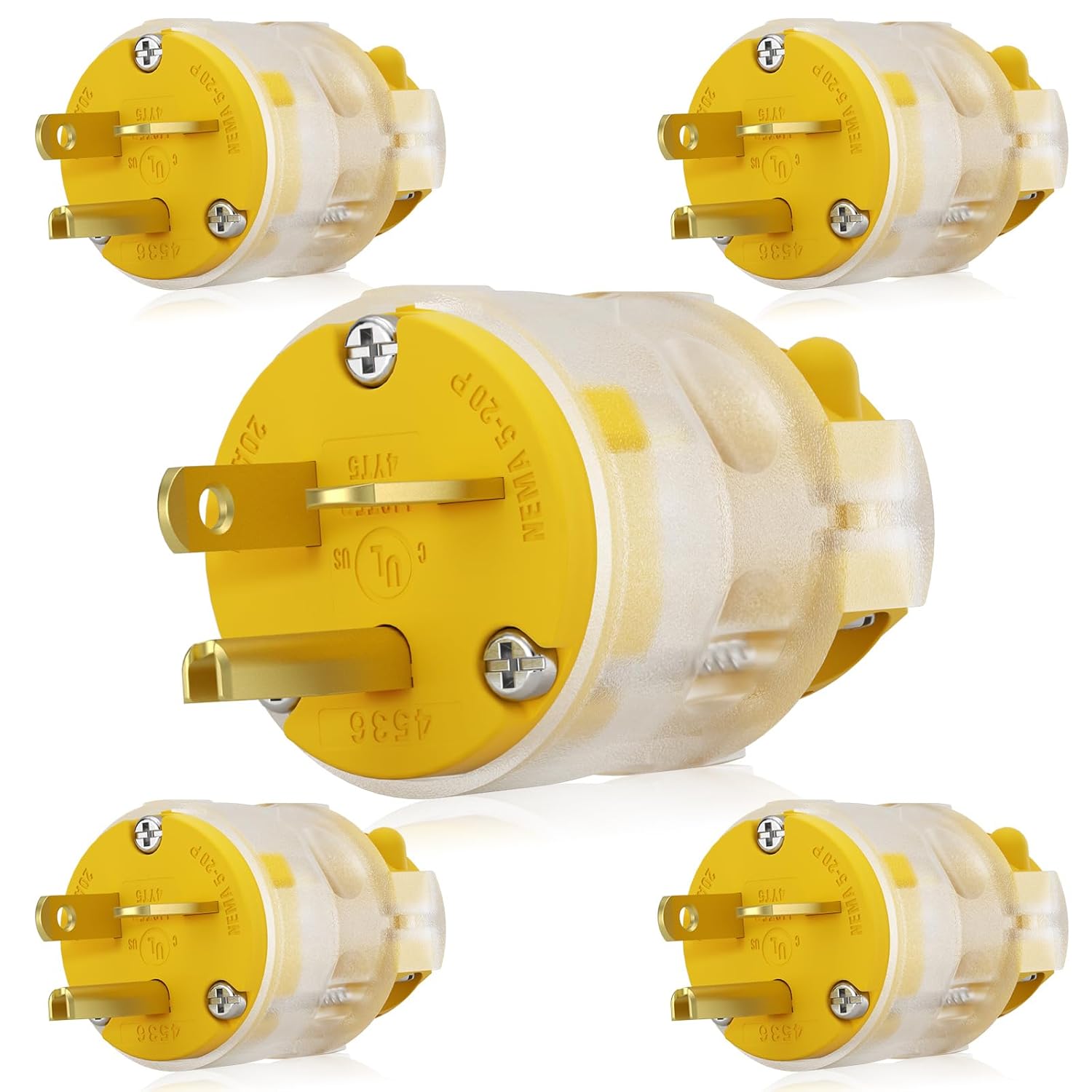 ELEGRP Lighted 20 Amp 125 Volt NEMA 5-20P 2 Pole 3 Wire Grounding Straight Blade Electrical Plug Replacement Cord Outlet Commercial Grade, Yellow, 5 Pack