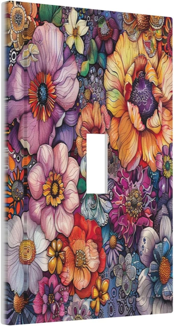 Decorative Light Switch Cover Colorful Bohemian Flowers Vintage Boho Floral 1 Gang Single Toggle Device Electrical Faceplate Switchplates Decorator Outlet Wall Plate for Bed Room Decor