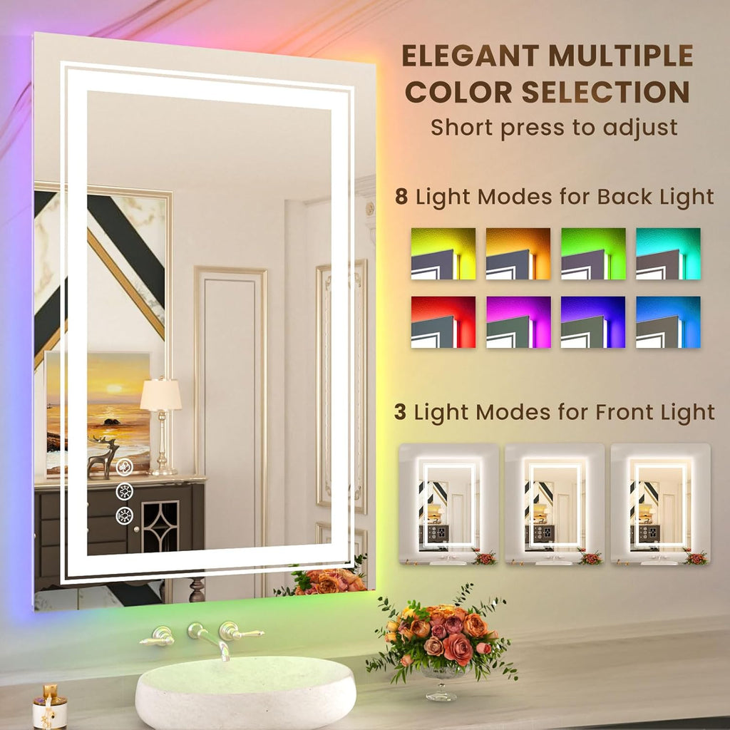 WTTY RGB LED Bathroom Mirror 28"x36" with Backlit and 3 Front Light,Stepless Dimmable LED Mirror for Bathroom,Lighted Bathroom Vanity Mirror for Wall,Anti-Fog,Memory Function,Shatter-Proof