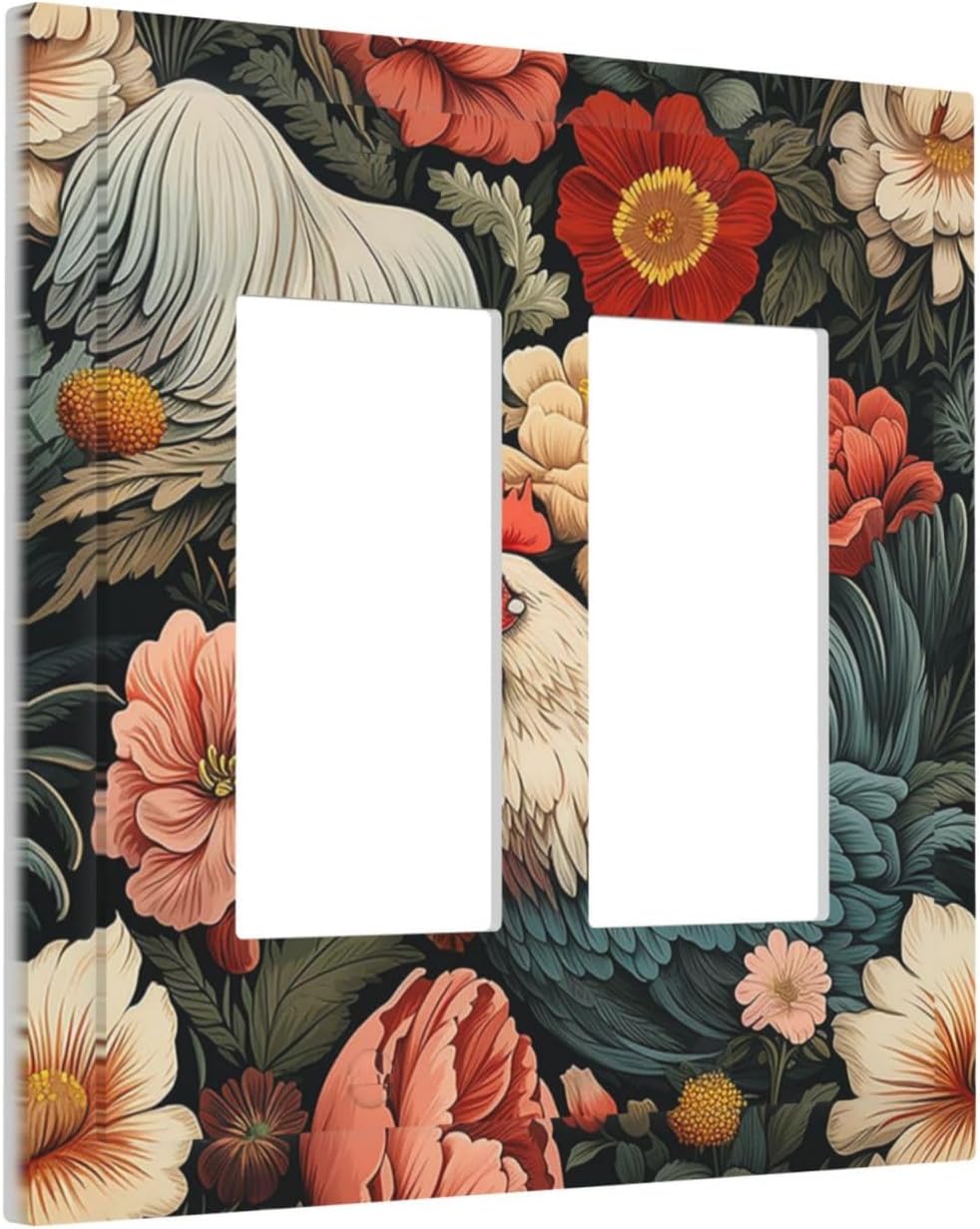 Decorative Outlet Covers Rooster Flowers Red White Chicken Floral 2 Gang Double GFCI Rocker Electrical Wall Panels Light Switch Cover Plate for living Room Farmhouse Decor