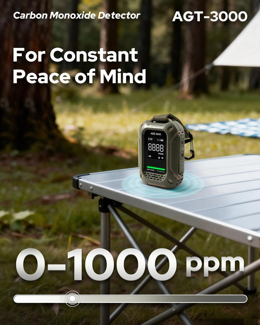 AGT-3000 Portable Carbon Monoxide Detector, 240H Standby, Upgraded CO Sensor for Travel, Rechargeable CO Detector with Audible & Visual Alerts, CO Meter for Camping, 0-1000ppm