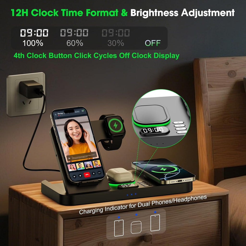 Dual Phone Wireless Charging Station for Apple Devices, Magnetic Charging Station for iPhone with Auto Switch 7-Color Light&Clock, Family Watch Charger for iPhone17 for iWatch11 for AirPods Pro3(Black