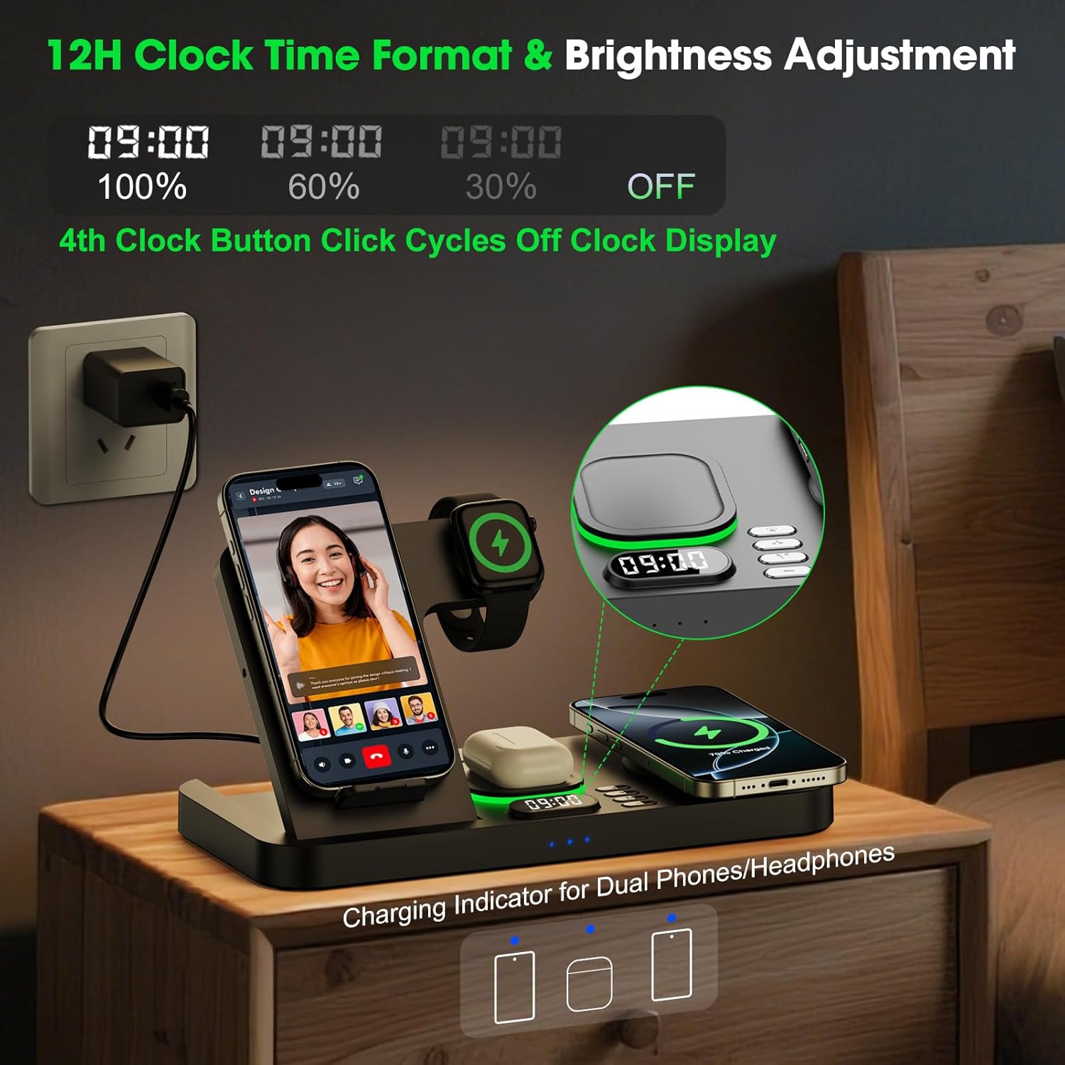Dual Phone Wireless Charging Station for Apple Devices, Magnetic Charging Station for iPhone with Auto Switch 7-Color Light&Clock, Family Watch Charger for iPhone17 for iWatch11 for AirPods Pro3(Black