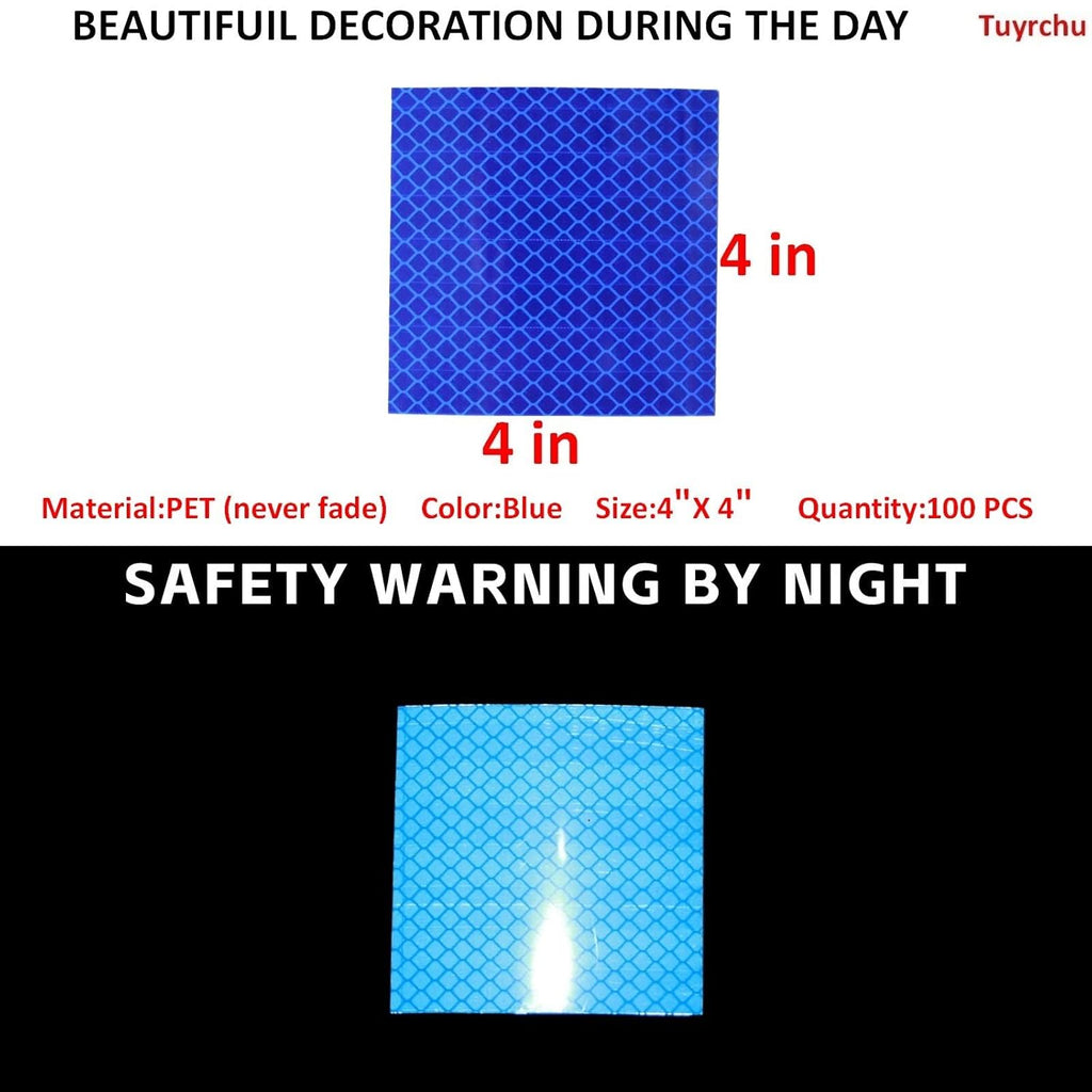 Non Fading Blue Reflective Stickers 4 inch X 4 inch, Outdoor Waterproof High Visibility Warning Safety Adhesive Reflector Tape (100 Pcs)