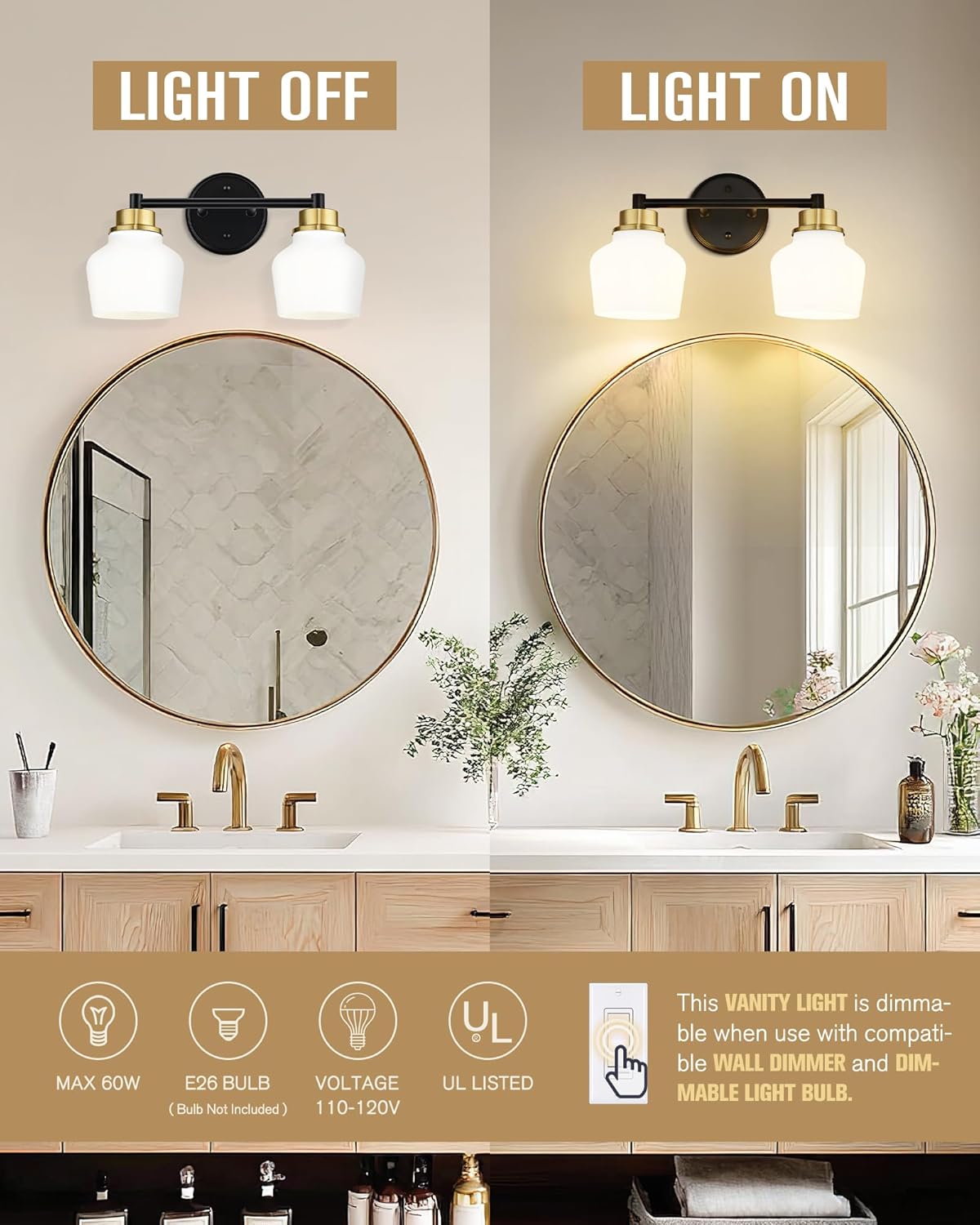 Emak Black and Gold Bathroom Light Fixtures Over Mirror, 2-Light Bathroom Vanity Light with Milk Glass Shade, Modern Farmhouse Vanity Lights for Bath,Mirror, VL122-BKBGD-ML-2