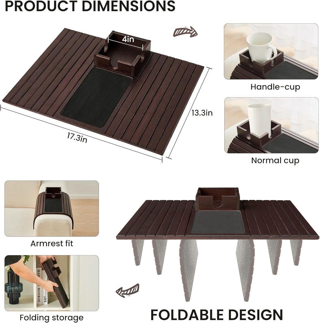 Bamboo Couch Cup Holder, Foldable Sofa Arm Tray, Anti-Slip Couch Aremrest Tray Table for Drink, Cup, Remote, Snacks, Cellphone, Portable, Mahogany