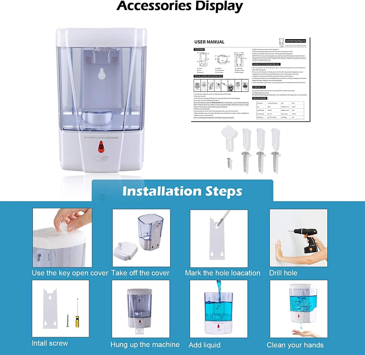 Automatic Soap Dispenser Wall Mount 2 Pack White 20 Oz with Key Anti-Theft Design for Commercial Bathroom Restroom Toilet Hotel