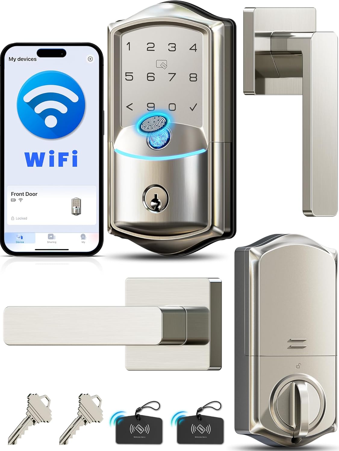 Veise VE027-L Built-in WiFi Smart Door Lock with Lever Handle Set, Fingerprint keyless Entry Door Lock, App Remote Control, Electronic Digital Keypad Deadbolt for Front Door, Auto Lock, Satin Nickel