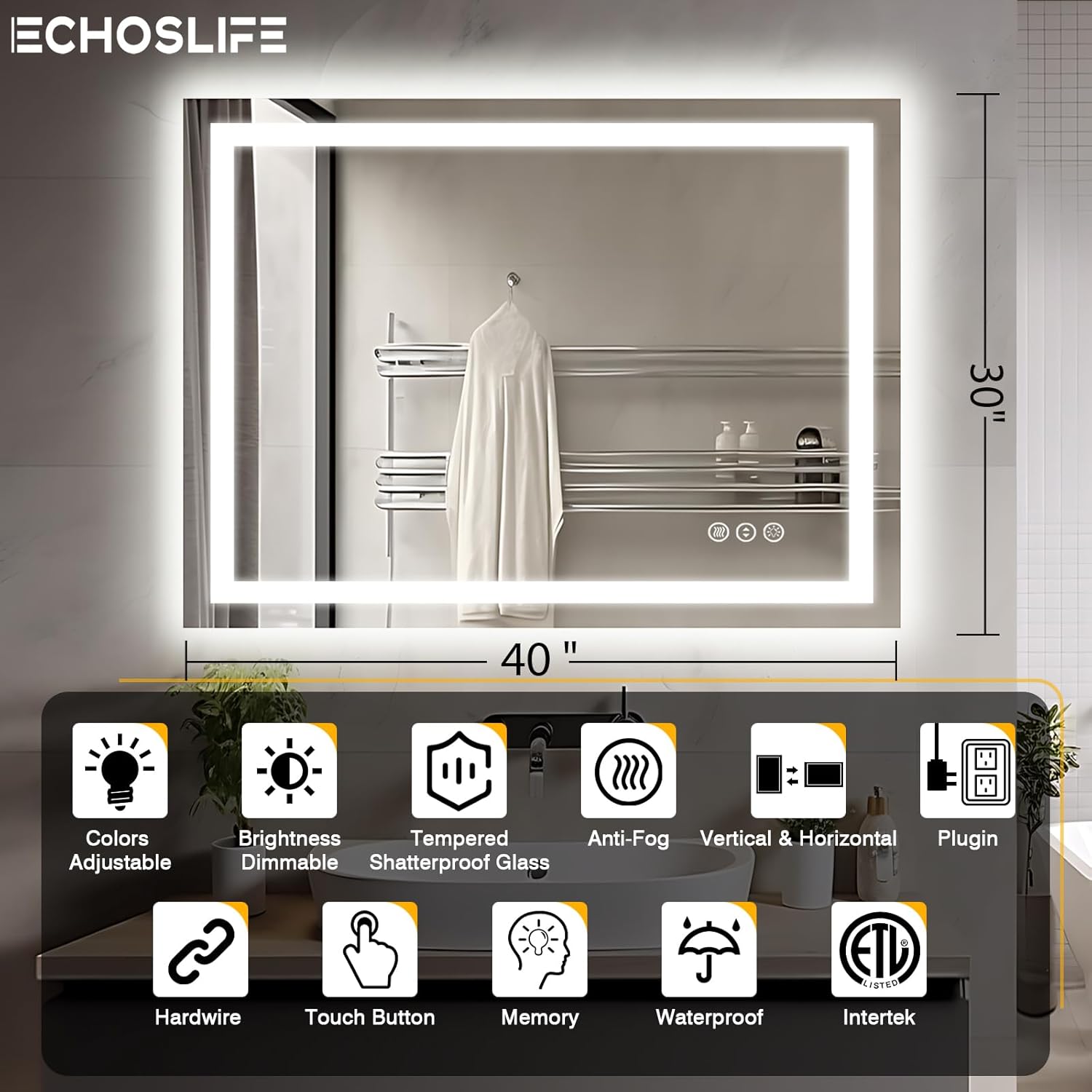 40"x30" LED Lights Bathroom Mirror with Front Lit and Backlit, Anti-Fog Vanity Mirror with Lights, Stepless Dimmable Lighted Mirror, 3 Colors Smart Mirror (Horizontal/Vertical)