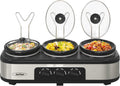 3 * 1.5 Quarts Triple Slow Cooker, Buffet Server & Warmer with 3 Removable Ceramic Pots, 3 Adjustable Temp Settings & 3 Metal Lid Rests, Stainless Steel, Silver