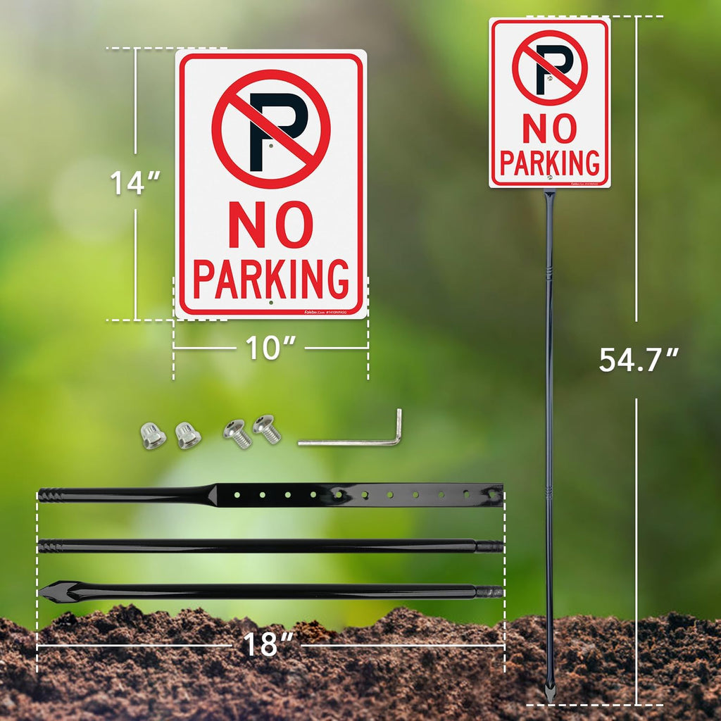 Faittoo Large No Parking Sign with 54" Metal Thick Stake, 4 Pack 14"x10" Rust Free Heavy Aluminum, Reflective, Fade Resistant, Easy to Mount, Outdoor Use