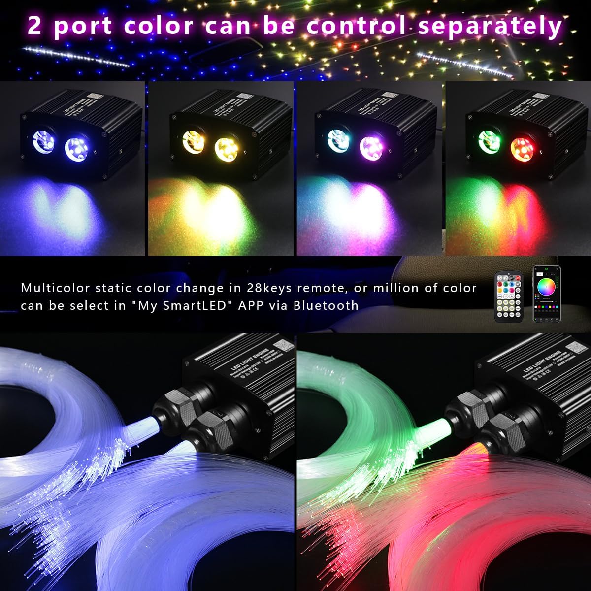 AZIMOM Dual Color 18W Twinkle Fiber Optic Starlight Box with Pure White Meteor, 2 in 1 Starlight Meteor Engine Sound Activated APP/Remote RGBW Light Source Driver for Car Home Star Lighting Decor