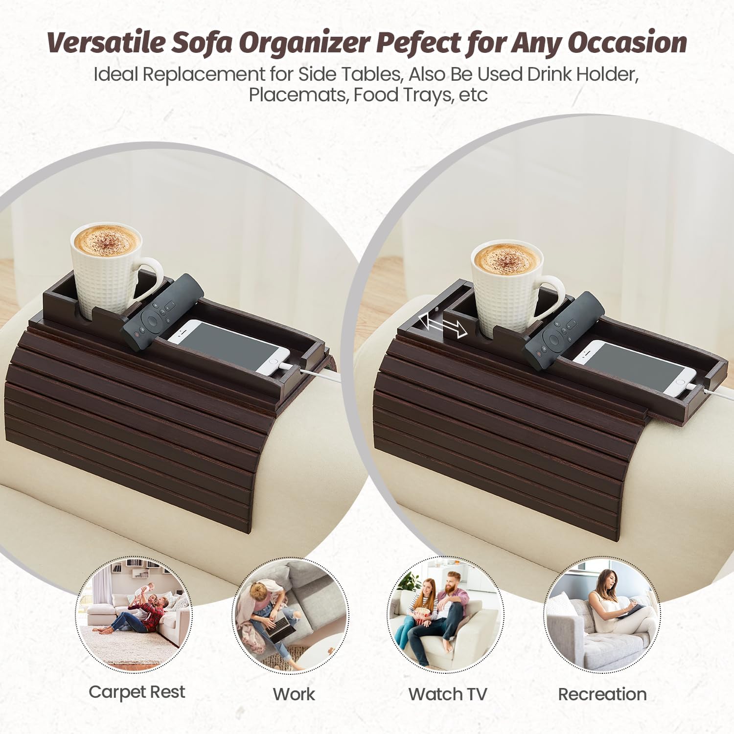 GEHE Detachable Couch Cup Holder, Anti Falling Sofa Arm Tray, Natural Bamboo Sofa Cup Holder More Safe for You Family, Portable Couch Arm Tray Armrest Table for Remote, Snacks, Phone, Drinks
