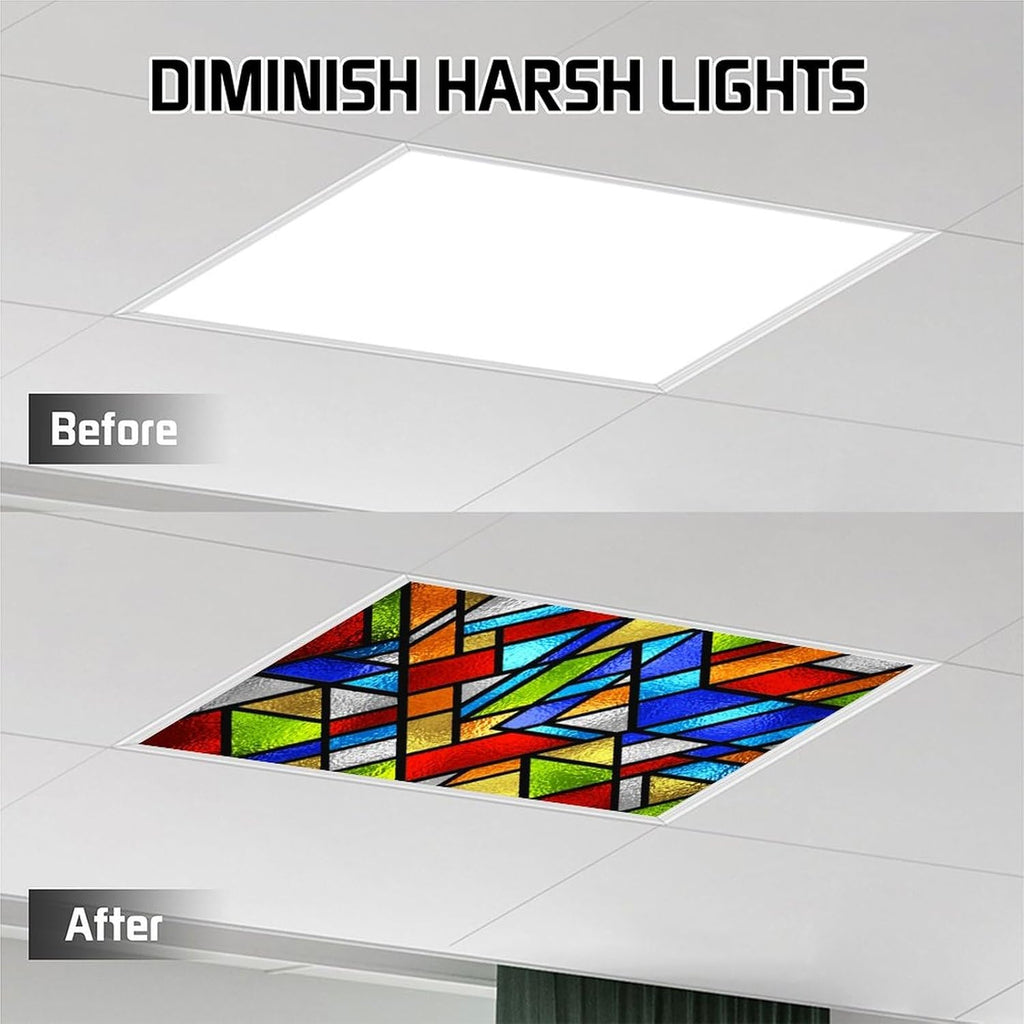 2PCS Fluorescent Light Cover for Ceiling Light Classroom-Stained Glass Patten Magnetic Light Cover Shade Panel,Decorative Film Filter for Reducing Harsh Glare Flicker Home School Office Decorations