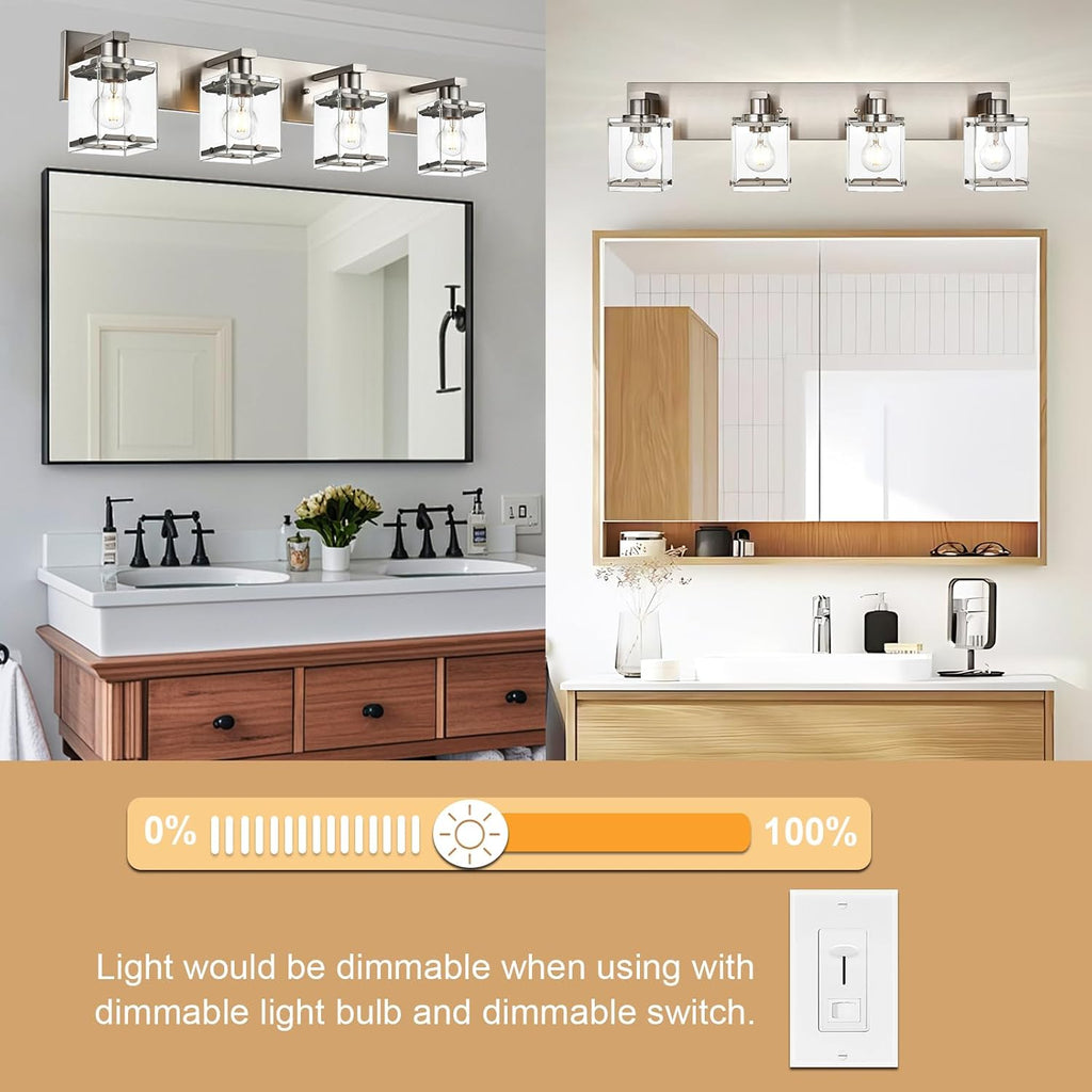 4-Lights Bathroom Vanity Light Fixtures in Brushed Nickel, E26 Socket Wall Sconce Lighting Fixtures with Clear Glass Shades for Over Mirror Bedroom Living Room Cabinet