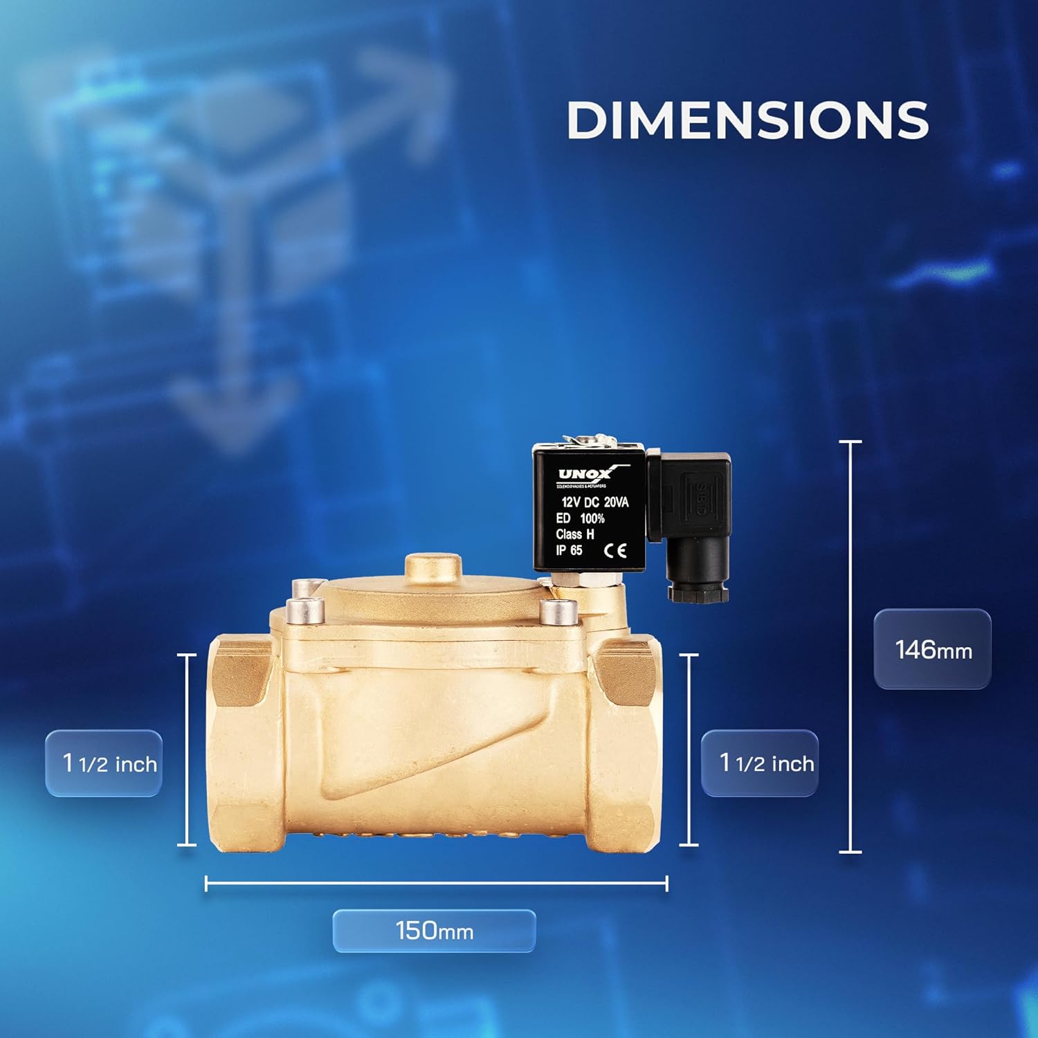 UNOX 1 1/2" NPT Solenoid Valve 12V DC, Brass Control Valve Normally Closed - 7-232 PSI Multi-Purpose Reliable Control Valve for Water, Air, and Gas - Solenoid Valves