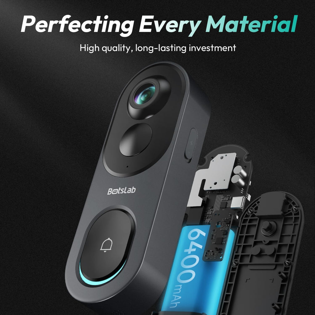 BOTSLAB 5MP Wireless Video Doorbell Camera,180° Head-to-Toe View, AI Motion Detection, VR Mode, Battery or Wired Powered, Easy Installation, Weatherproof, No Monthly Fee, 2.4GHz WiFi