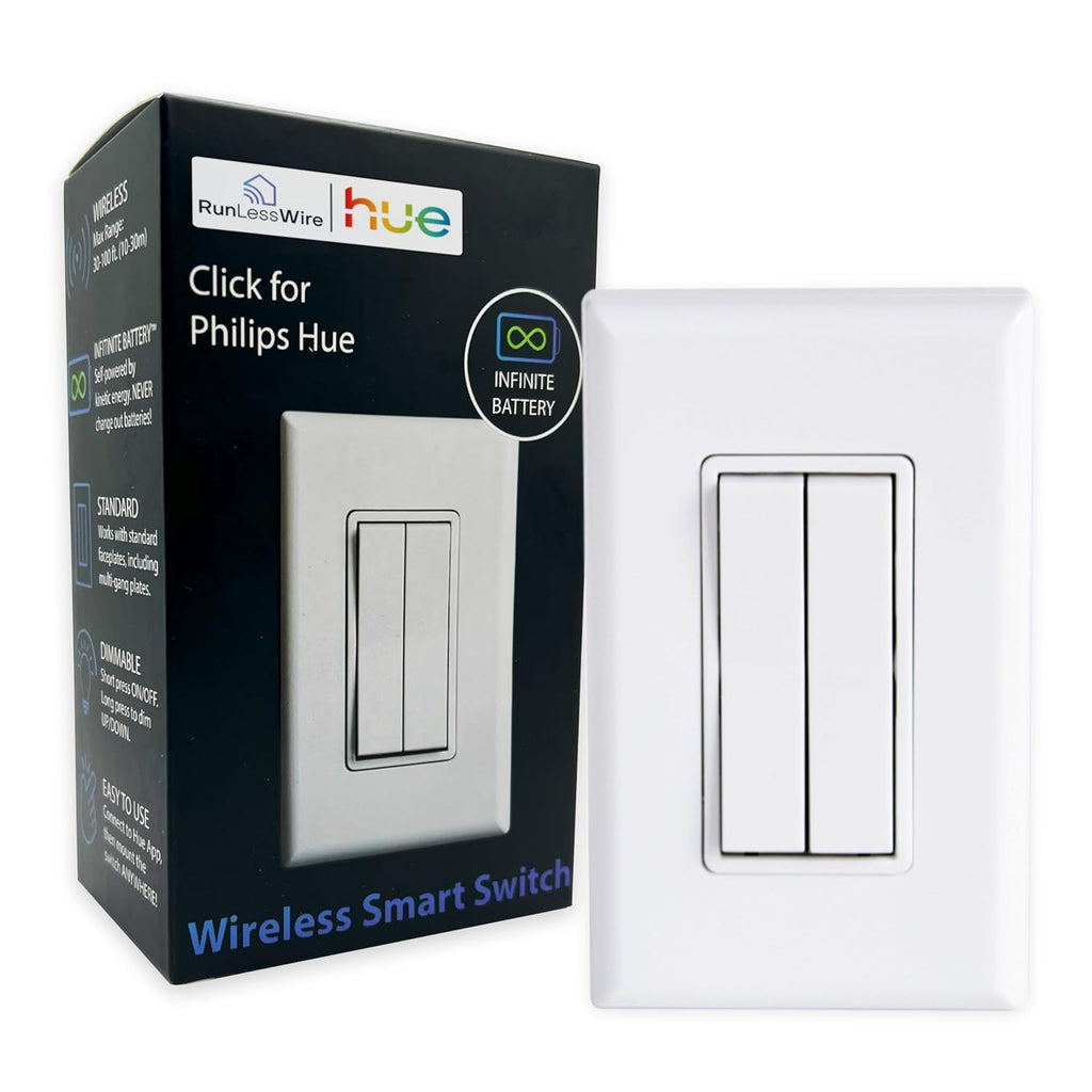 RunLessWire Click for Philips Hue – Battery-Free Wireless Smart Light Switch, 30ft Range – Works Natively with Philips Hue Bridge – Wall Mount Kinetic Switch - Decora Style, White