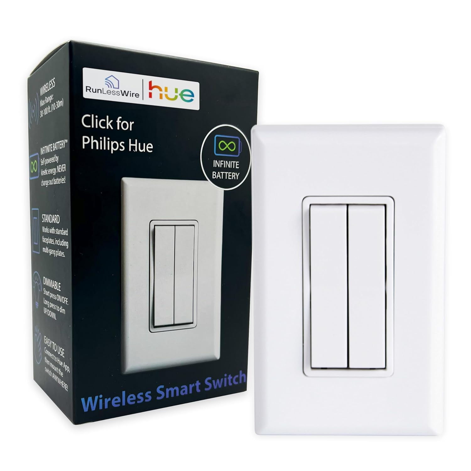 RunLessWire Click for Philips Hue – Battery-Free Wireless Smart Light Switch, 30ft Range – Works Natively with Philips Hue Bridge – Wall Mount Kinetic Switch - Decora Style, White