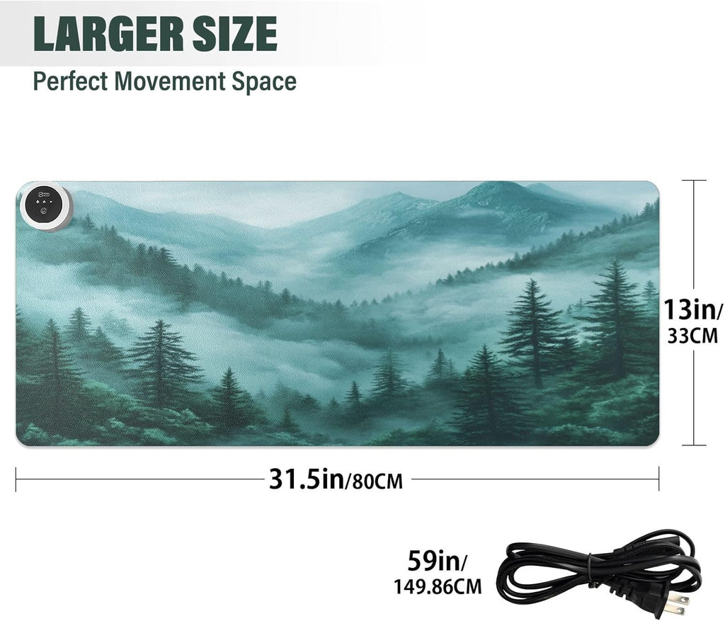 Heated Desk Pad Mouse Pad 31.5x13 Inch PU Leather Desk Mat with 3 Heat Levels Large Mouse Gaming Computer Laptop Mat Foggy Green Mountains and Pine Trees