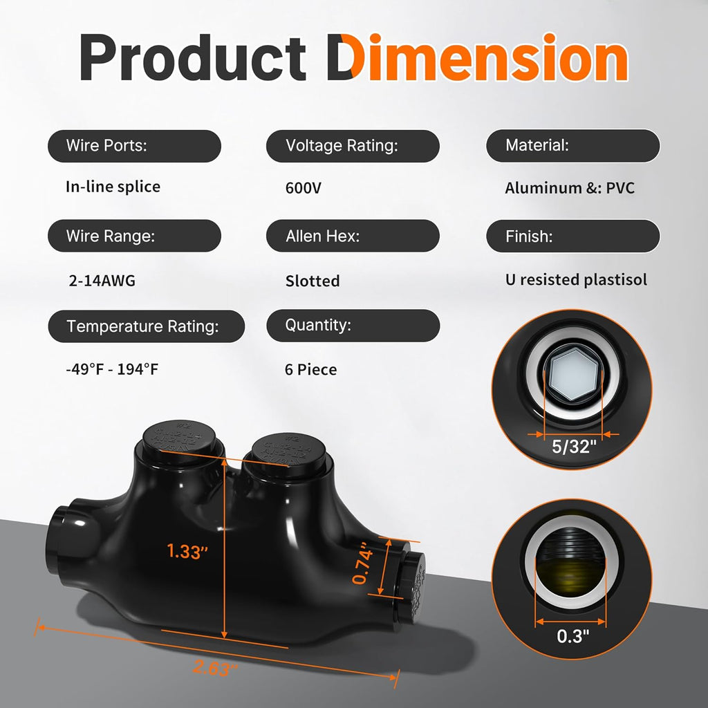 Joinfworld 2 Port Inline Splice Connector 2-14 AWG Aluminum to Copper Wire Connectors Insulated Wire Connectors UL Listed Wire Cable Connectors with 5/32" Slotted Allen Hex - 6 Pack