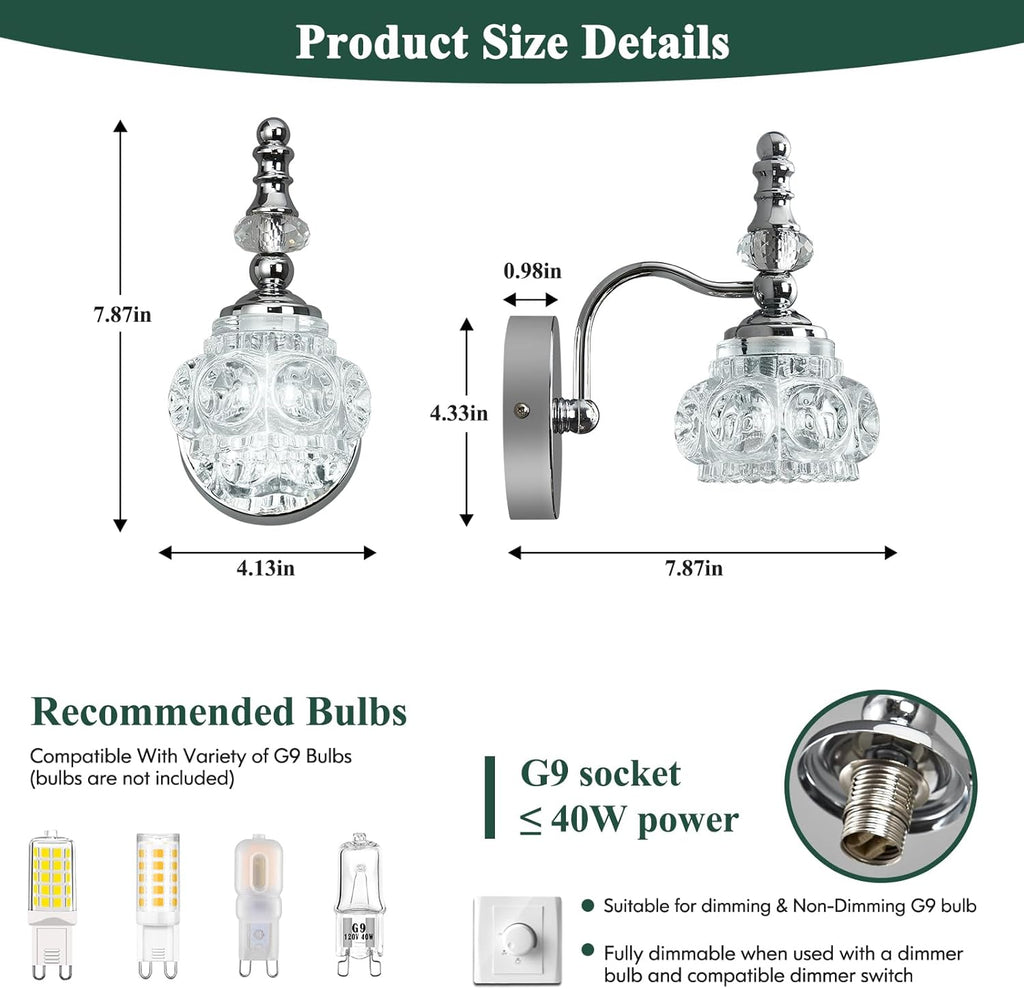 Modern Wall Sconces Set of Two Indoor Lamp Chrome Vintage Glass Light Bathroom Vanity Fixture Wall-Mounted Room Lighting