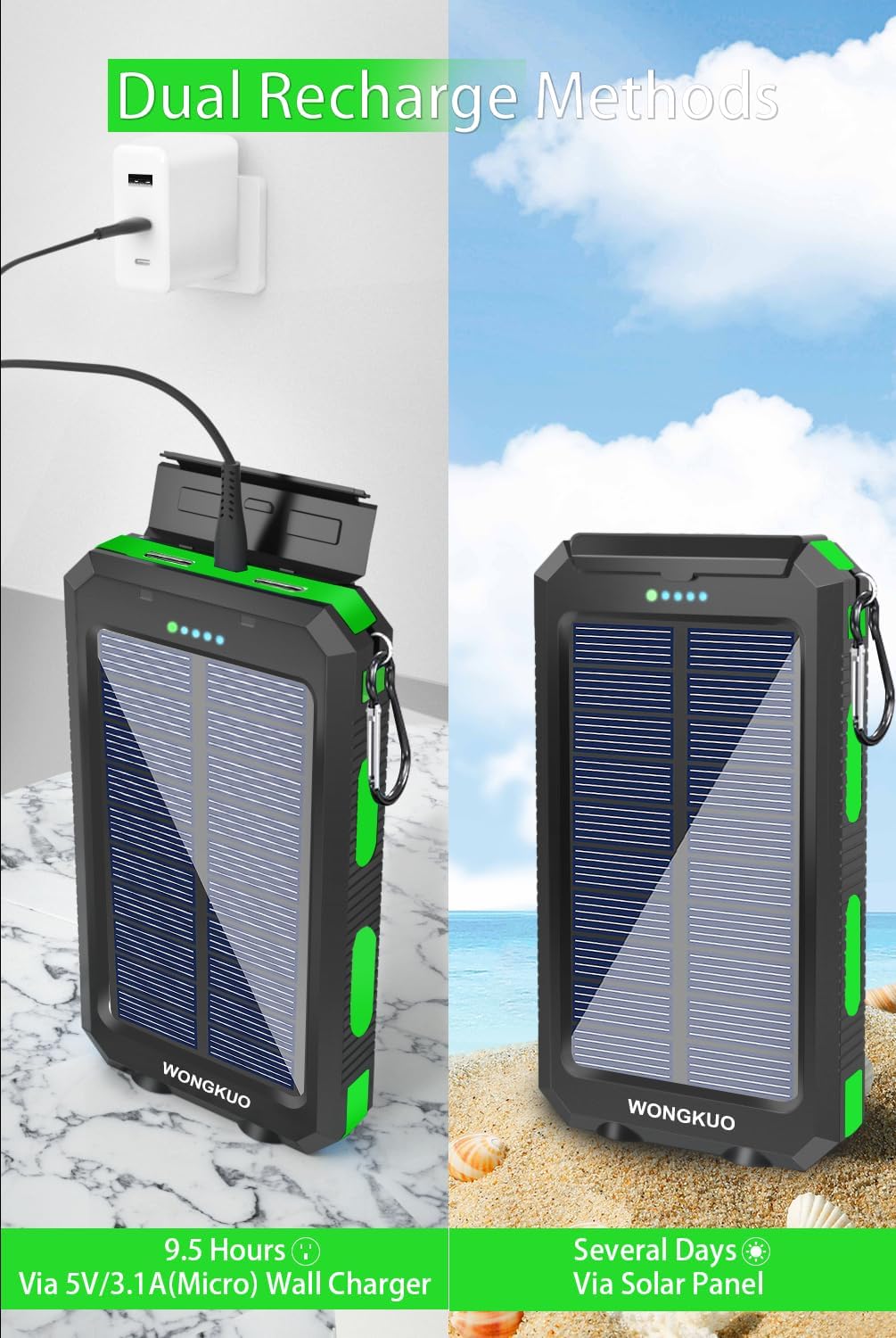 WONGKUO Solar Charger Power Bank - 36800mAh Solar Phone Charger, QC3.0 Fast Charger with LED Flashlight, IP65 Waterproof Portable Power Bank for Outdoor Activities (Matte Green)