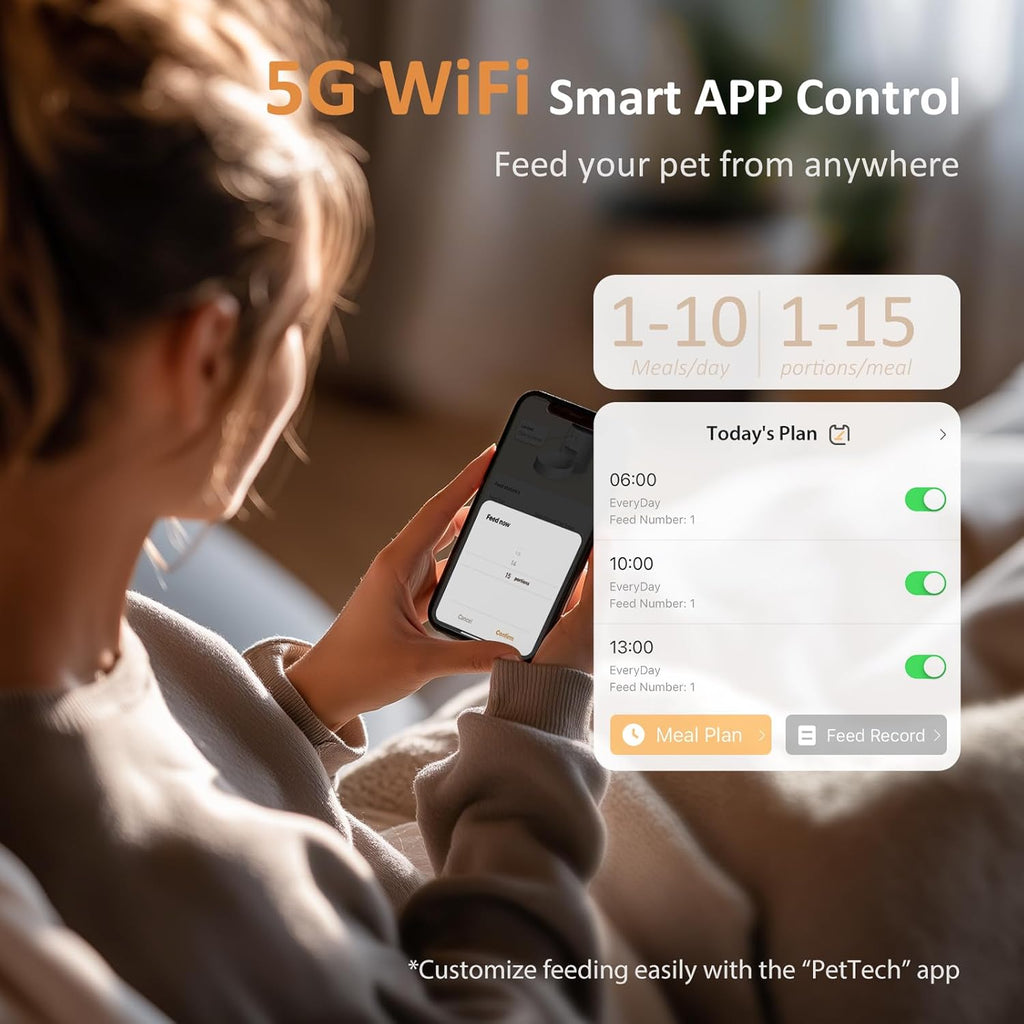 Automatic Cat Feeder WiFi: 5G Smart Auto Pet Feeder with App Remote Control- Timed Feeding Cat Food Dispenser with Airtight Lock-Fresh- Easy to Clean& Dual Power Supply 1-10 Meals per Day