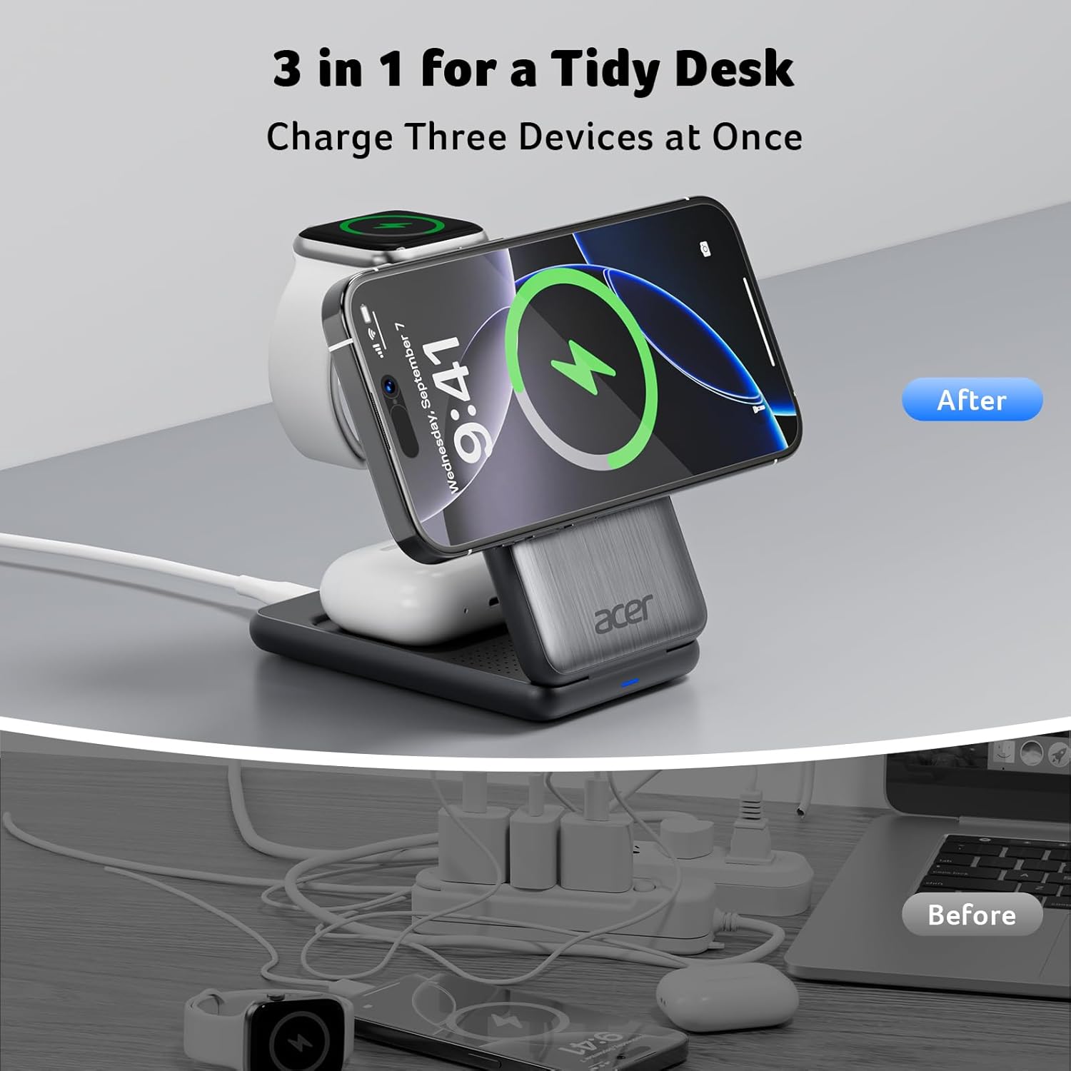 Acer 3 in 1 Charging Station for iPhone, Wireless Charger Stand,15W Fast MagSafe Charger for iPhone 17 16 15 14 13 12 Series-Apple Watch 10 9 8 7 6 5 4 3 2 SE and Ultra Series-Airpods 4 3 2 Pro Series