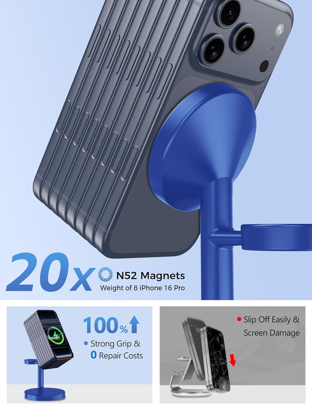 2025 3 in 1 Wireless Charging Station Compatible with MagSafe, 15W Fast Magnetic Mag-Safe Charger Stand for Apple iPhone 17 16 15 14 13 12 iWatch AirPods Pro 4 3 2, Blue