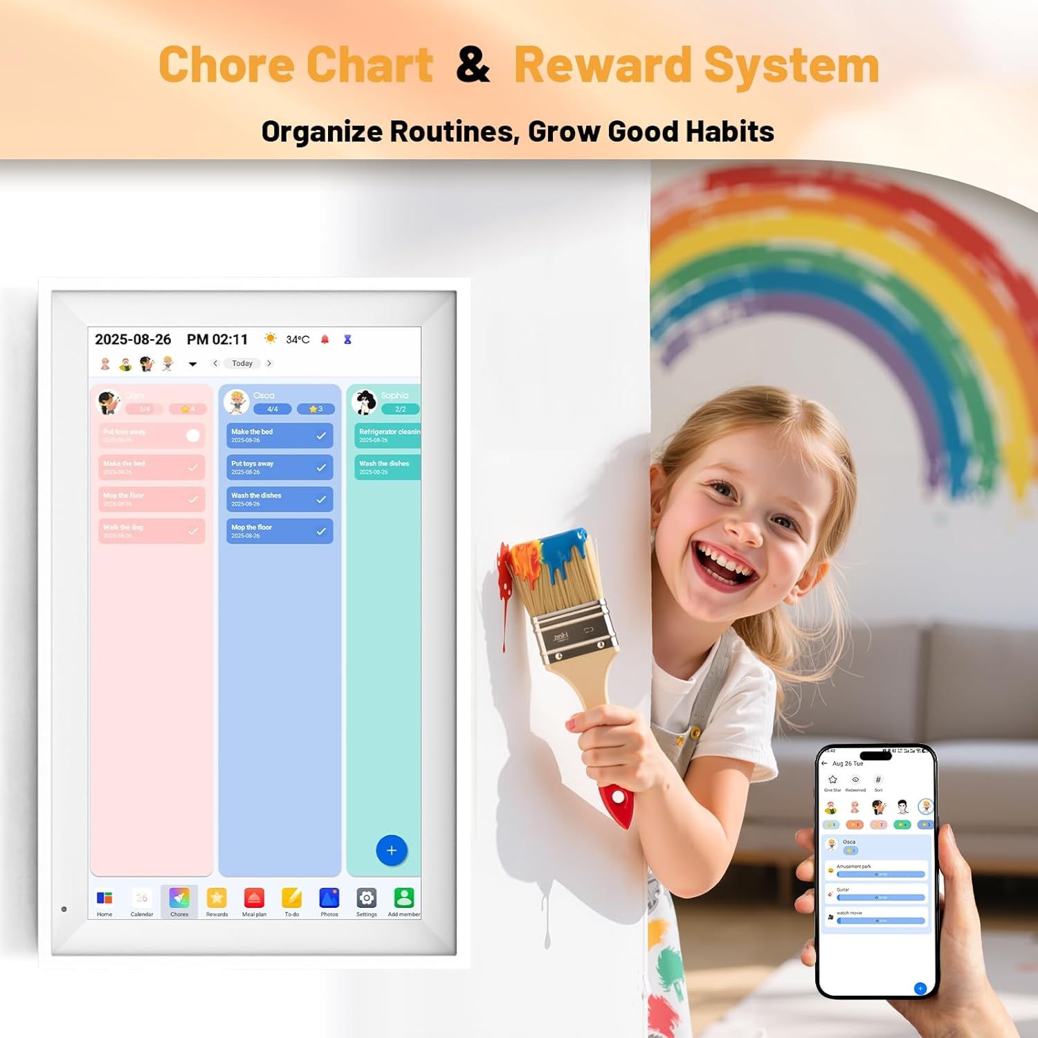Digital Calendar 15.6" Smart Calendar&Chore Chart, 1920*1080 Interactive Touchscreen Electronic Calendar for Family Schedules, 64GB Wifi Meal Planner, Wall&Desk Mountable, 2025 Calendar-White