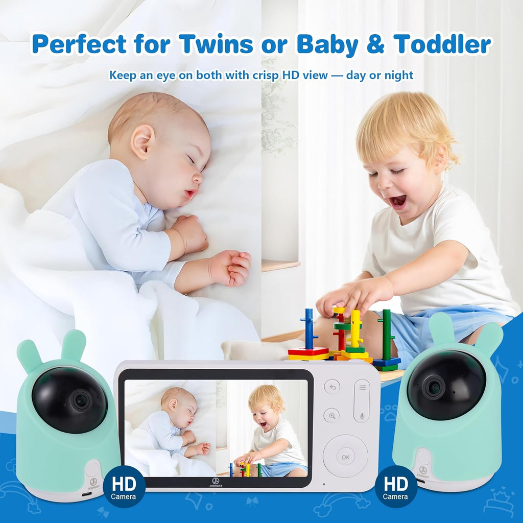 Baby Monitor with 1 or 2 HD Cameras – No WiFi Needed, AI Sleep Detection, Night Vision, Two-Way Talk, Temperature Alerts – Split Screen Option (2 Camera)