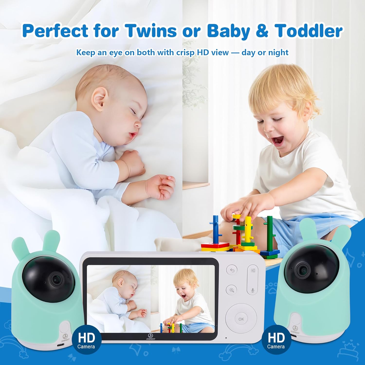 Baby Monitor with 1 or 2 HD Cameras – No WiFi Needed, AI Sleep Detection, Night Vision, Two-Way Talk, Temperature Alerts – Split Screen Option (2 Camera)