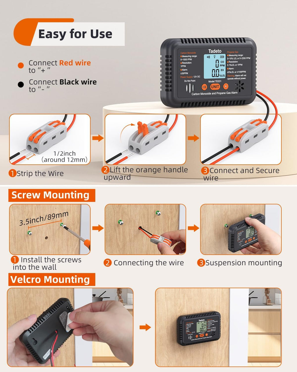 Tadeto RV Carbon Monoxide and Propane Gas Alarm, 12V DC Hardwired CO/LPG Gas Leak Alarm with Light and Audible Indicator, RV Propane Detector with Reset/Backlight for RV/Trailer/Camper