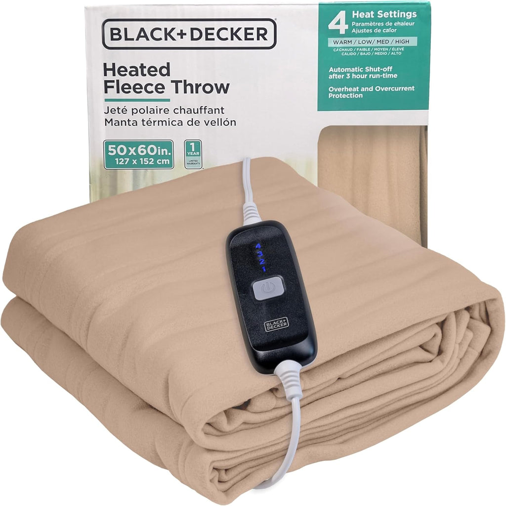 BLACK+DECKER Heated Blanket Electric Throw, Fleece Electric Blanket, Heating Blanket with 4 Heating Levels, 3H Timer, Auto Shutoff, Fast Heating (50x60 inches, Mushroom)
