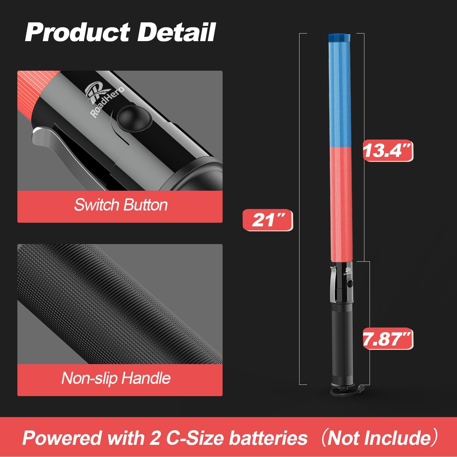 RoadHero 2 Pack 21 Inch Traffic Control Baton, Red and Blue LED Traffic Wand with 3 Flashing Modes, Air Marshaling Signal Wand with Side Clip for Airport, Parking, Car Directing