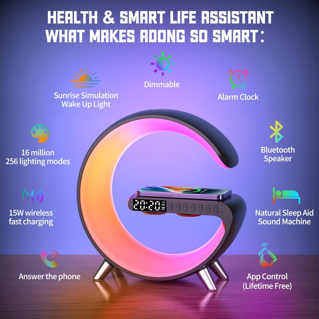 Smart Table Lamp, 15W Wireless Charger Station with LED Atmosphere Lamp, Bedside Night Light, Alarm Clock, Bluetooth Speaker with App Control for Home Decor, Gift for Girls Boys for Birthday Christmas