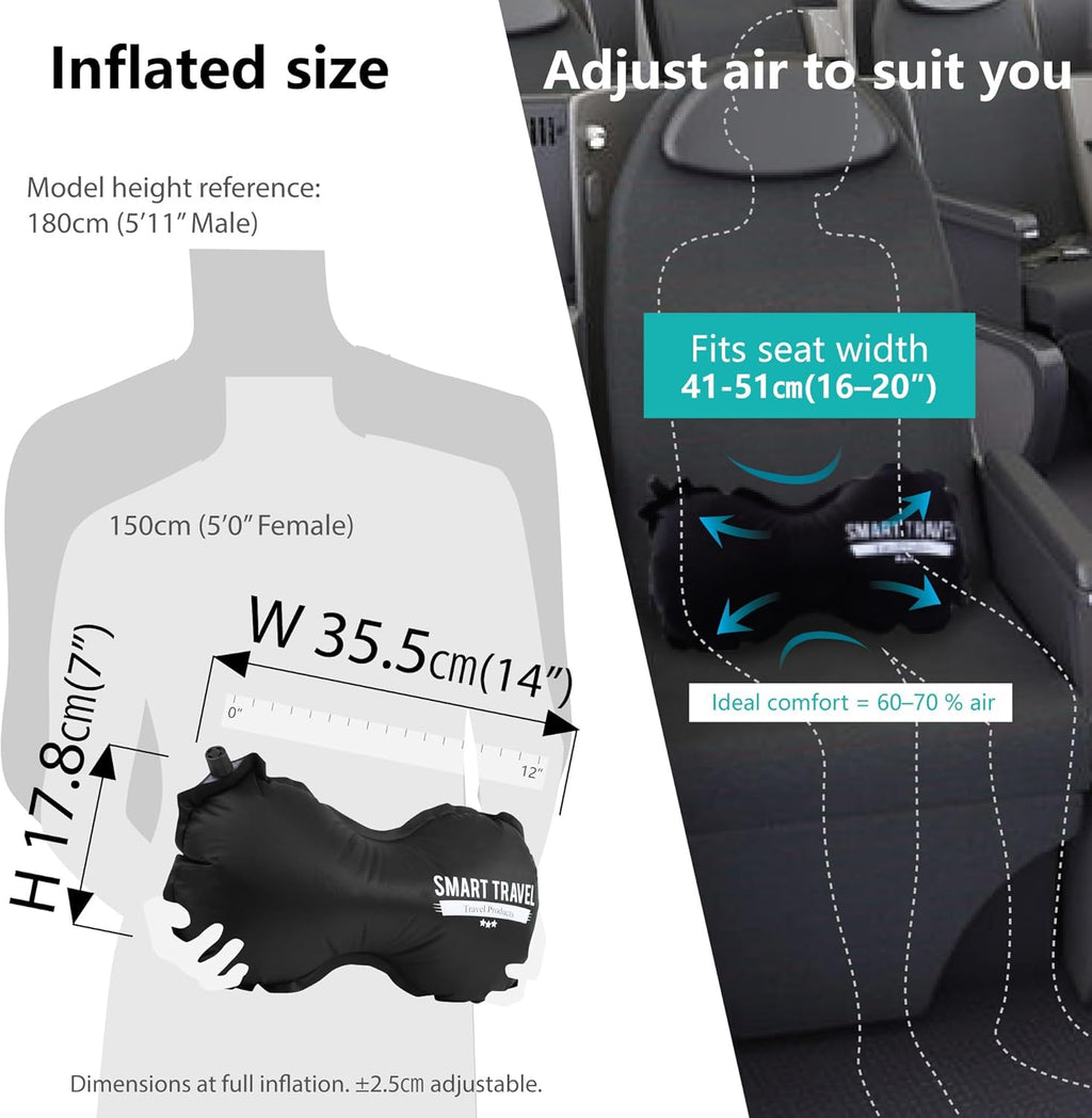 SmartTravel Travel Products Inflatable Lumbar Support Pillow for Airplane & Office – Firm, Adjustable Back Cushion for Long Flights