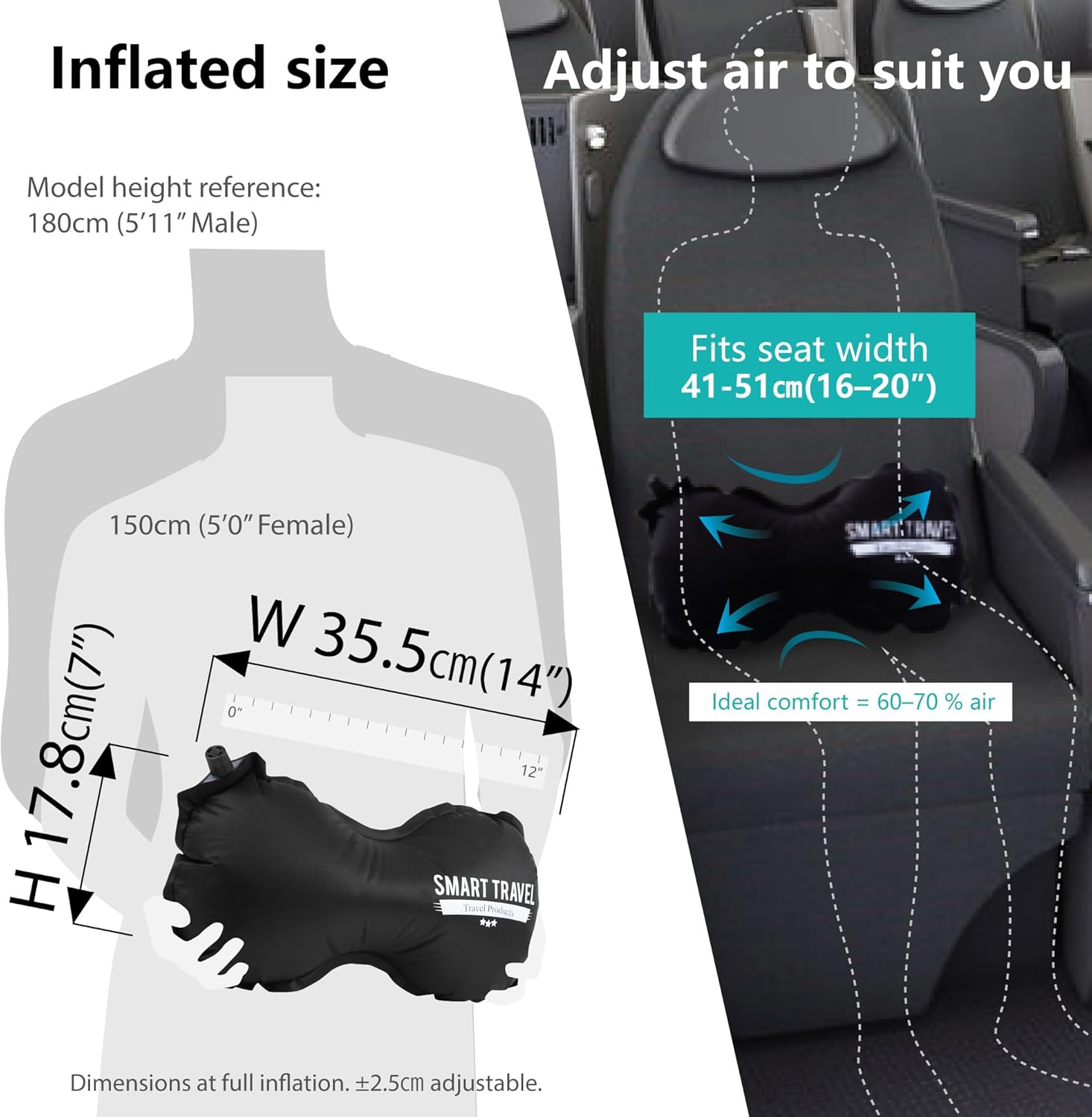 SmartTravel Travel Products Inflatable Lumbar Support Pillow for Airplane & Office – Firm, Adjustable Back Cushion for Long Flights
