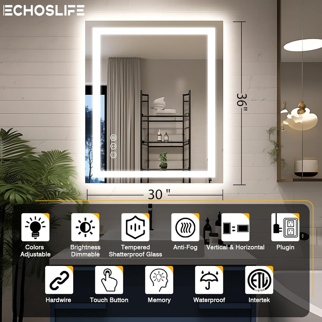30"x36" LED Bathroom Mirror with Lights, Front and Backlit Mirror, Anti-Fog Vanity Mirror with Lights, Stepless Dimmable LED Mirror, 3 Colors Smart (Horizontal/Vertical)