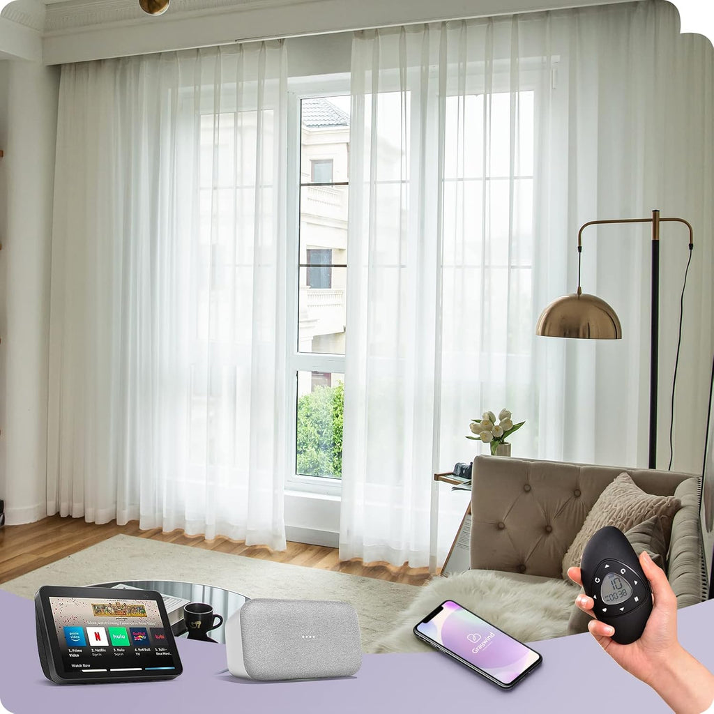 Graywind Rechargeable Smart Curtains Compatible with Alexa App Remote Control Motorized Drape for Sliding Door One-Way or Split Draw, Custom Width Up to 220" (Sheer Solid White)