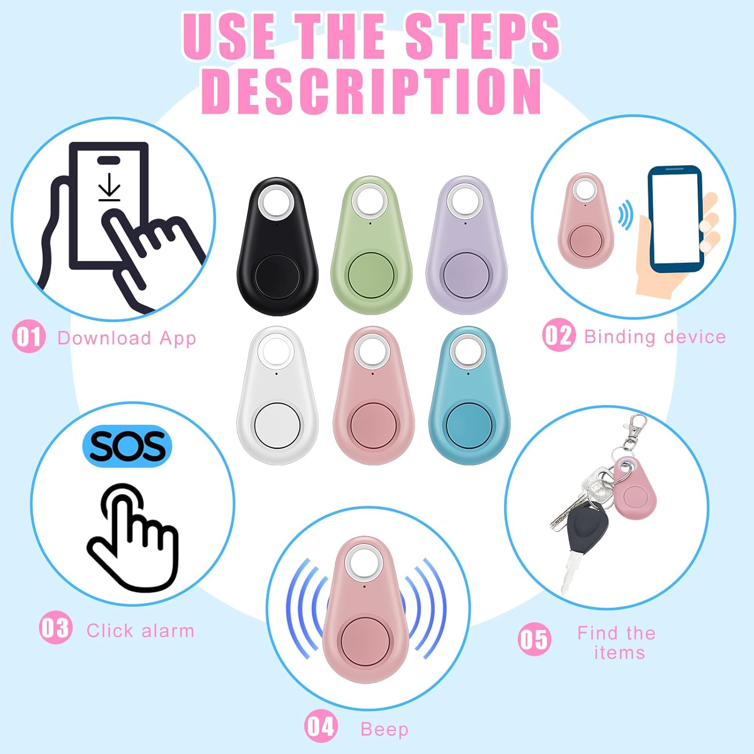 Flutesan 8 Packs Portable GPS Tracking Mobile Tracking Anti Loss Smart Device Key Finder Locator GPS Tracker Device for Pets Dog Cat Wallet Keychain Luggage, Alarm Reminder(Black, White, Colorful)