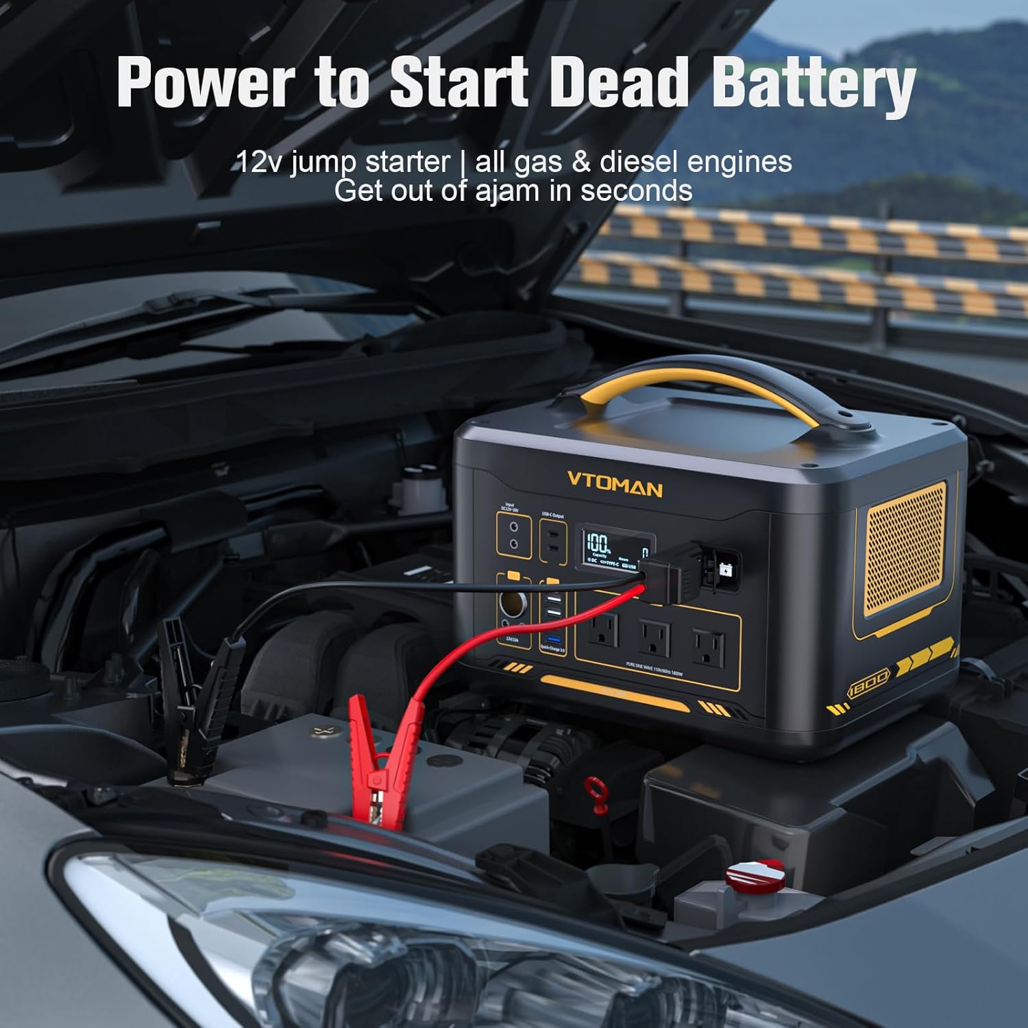 VTOMAN Jump 1800 Portable Power Station with Jumper Cables, 1548Wh LiFePO4 Battery Solar Generator & Car Jump Starter, 1800W 3xAC Outlets, 2xPD 100W Type-C, Large Capacity for Camping Roadside Rescue