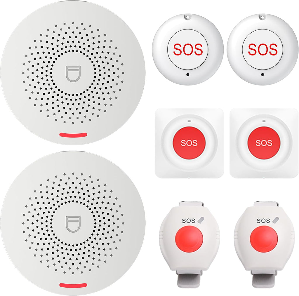 XUK WiFi SOS Caregiver Pager Call Button for Elderly, No Monthly Fee 2.4GHz Wi-Fi APP Control Wireless Nursing Call System with 2 SOS Call Panic Buttons & 2 Watch Pagers & 2 Square Pull Cord Pagers