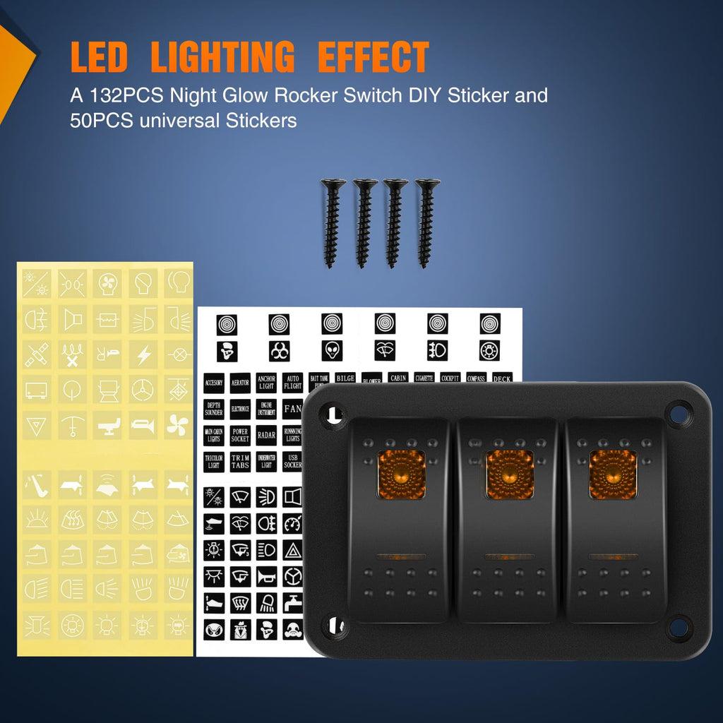 Nilight 3 Gang Rocker Switch Panel with Orange LED Light 5 Pin On Off Pre-Wired Aluminum Toggle Switches Waterproof for 12V/24V Cars Marine Boats ATVs Trailers RV Trucks