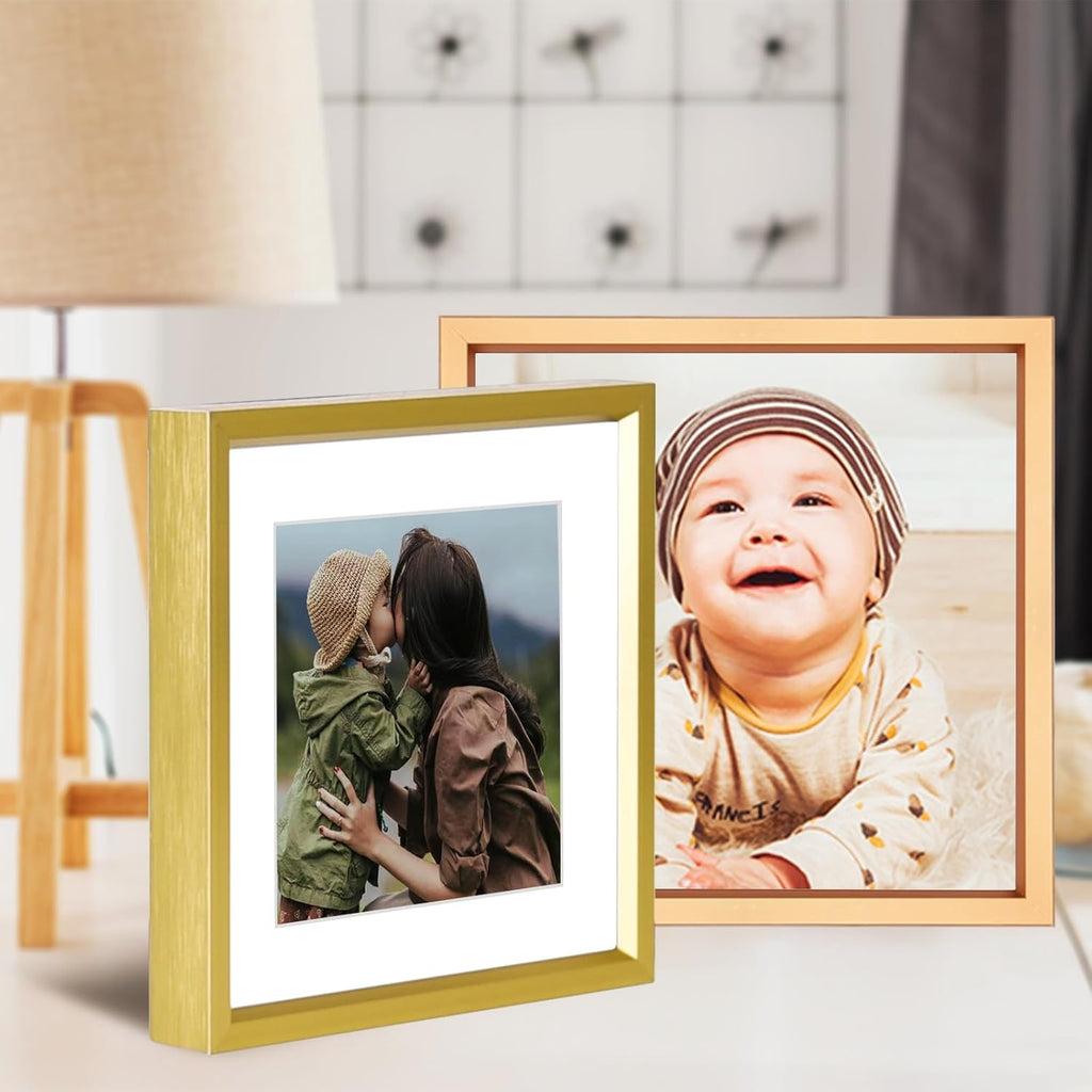 4x4 Picture Frame, Brass Metal Photo Frames with HD Glass, Fits 3x3 with Mat or 4 x 4 without Mat, Display for Wall and Table, 1 Pack