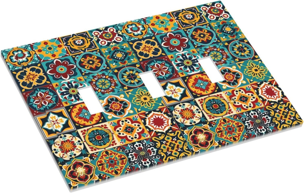 Decorative Switch Plates Mexican Talavera Colorful Mosaic Tiles 3 Gang Wall Plate Triple Toggle Light Switch Cover Faceplate Electrical Wall Panels For Bathroom Kitchen Decor